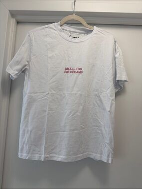 White Short Sleeve Tee with Pink Slogan Embroidery